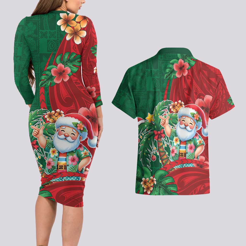 Hawaii Christmas Couples Matching Long Sleeve Bodycon Dress and Hawaiian Shirt Mele Kalikimaka Funny Hawaiian Santa DT05 - Polynesian Pride