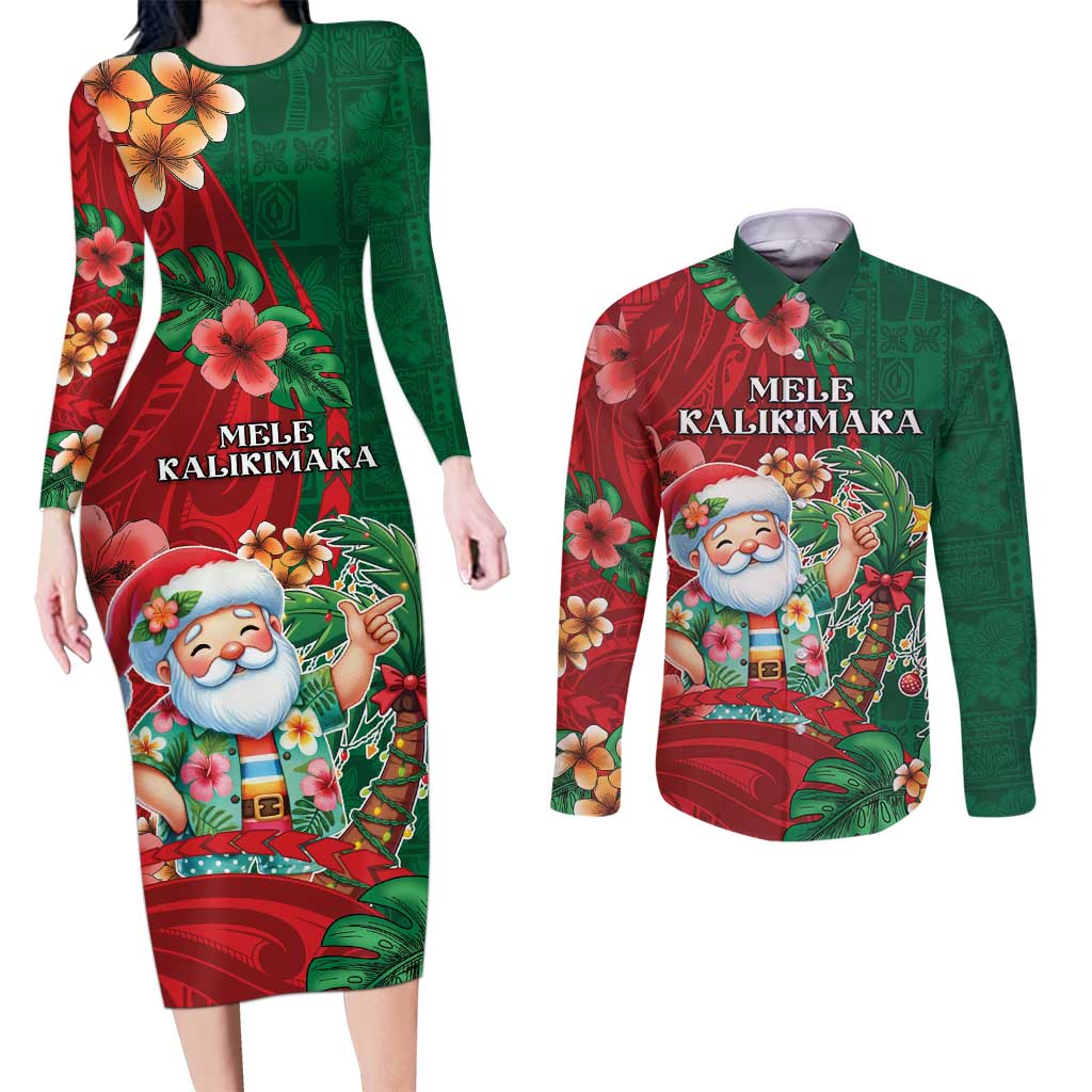 Hawaii Christmas Couples Matching Long Sleeve Bodycon Dress and Long Sleeve Button Shirt Mele Kalikimaka Funny Hawaiian Santa DT05 Green - Polynesian Pride