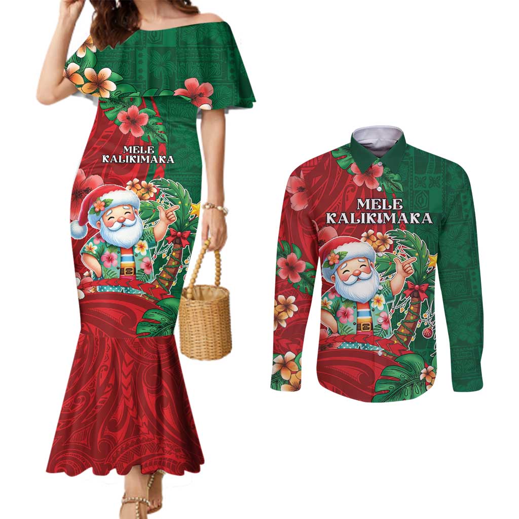 Hawaii Christmas Couples Matching Mermaid Dress and Long Sleeve Button Shirt Mele Kalikimaka Funny Hawaiian Santa DT05 Green - Polynesian Pride