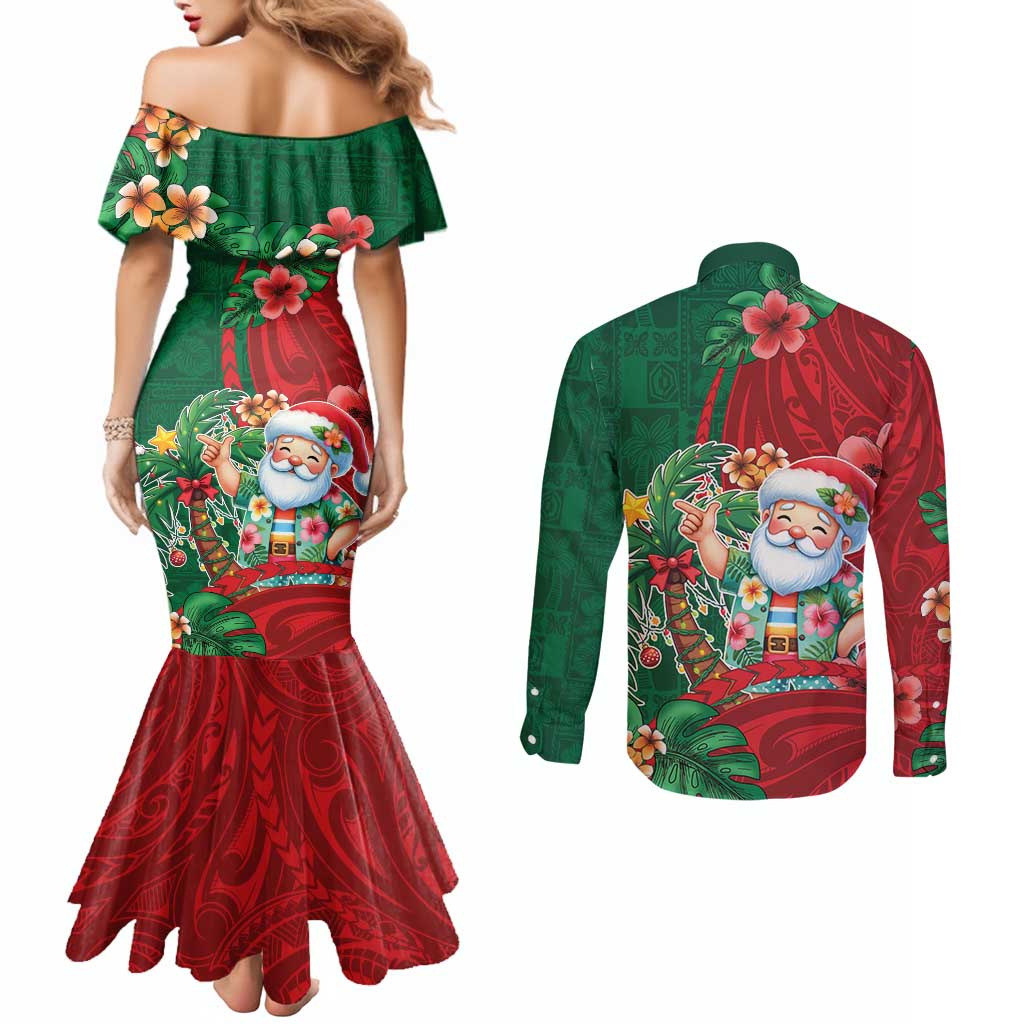 Hawaii Christmas Couples Matching Mermaid Dress and Long Sleeve Button Shirt Mele Kalikimaka Funny Hawaiian Santa DT05 - Polynesian Pride