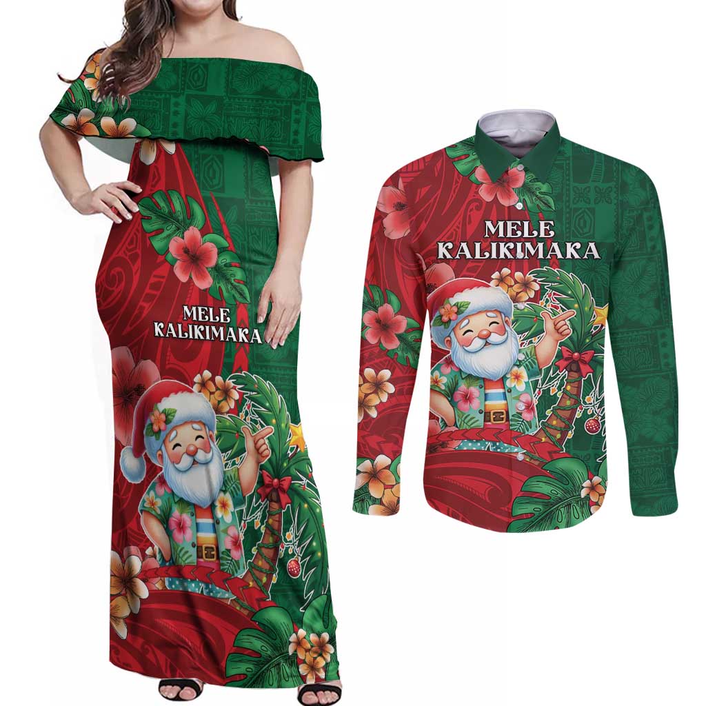Hawaii Christmas Couples Matching Off Shoulder Maxi Dress and Long Sleeve Button Shirt Mele Kalikimaka Funny Hawaiian Santa DT05 Green - Polynesian Pride