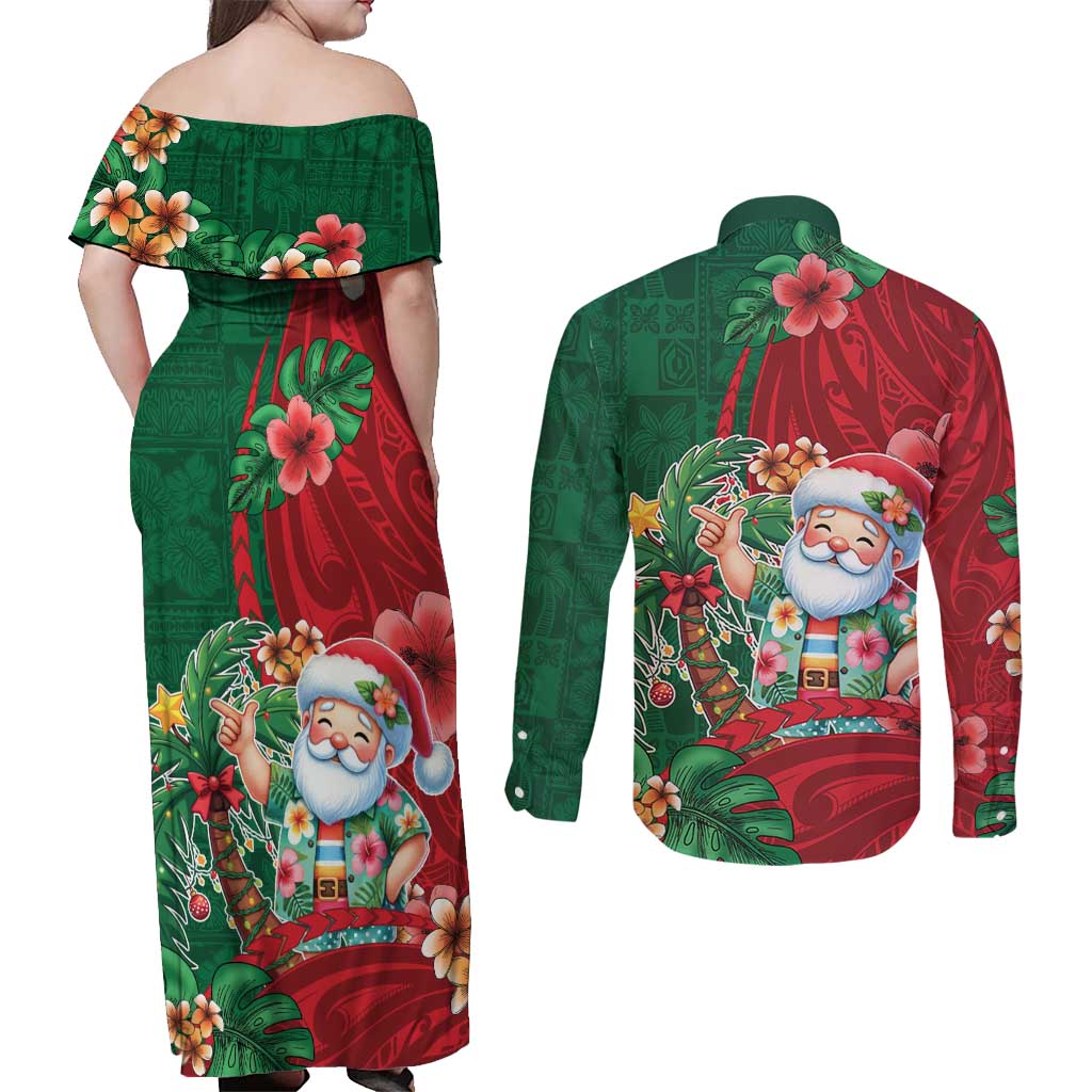 Hawaii Christmas Couples Matching Off Shoulder Maxi Dress and Long Sleeve Button Shirt Mele Kalikimaka Funny Hawaiian Santa DT05 - Polynesian Pride
