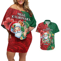 Hawaii Christmas Couples Matching Off Shoulder Short Dress and Hawaiian Shirt Mele Kalikimaka Funny Hawaiian Santa DT05 Green - Polynesian Pride