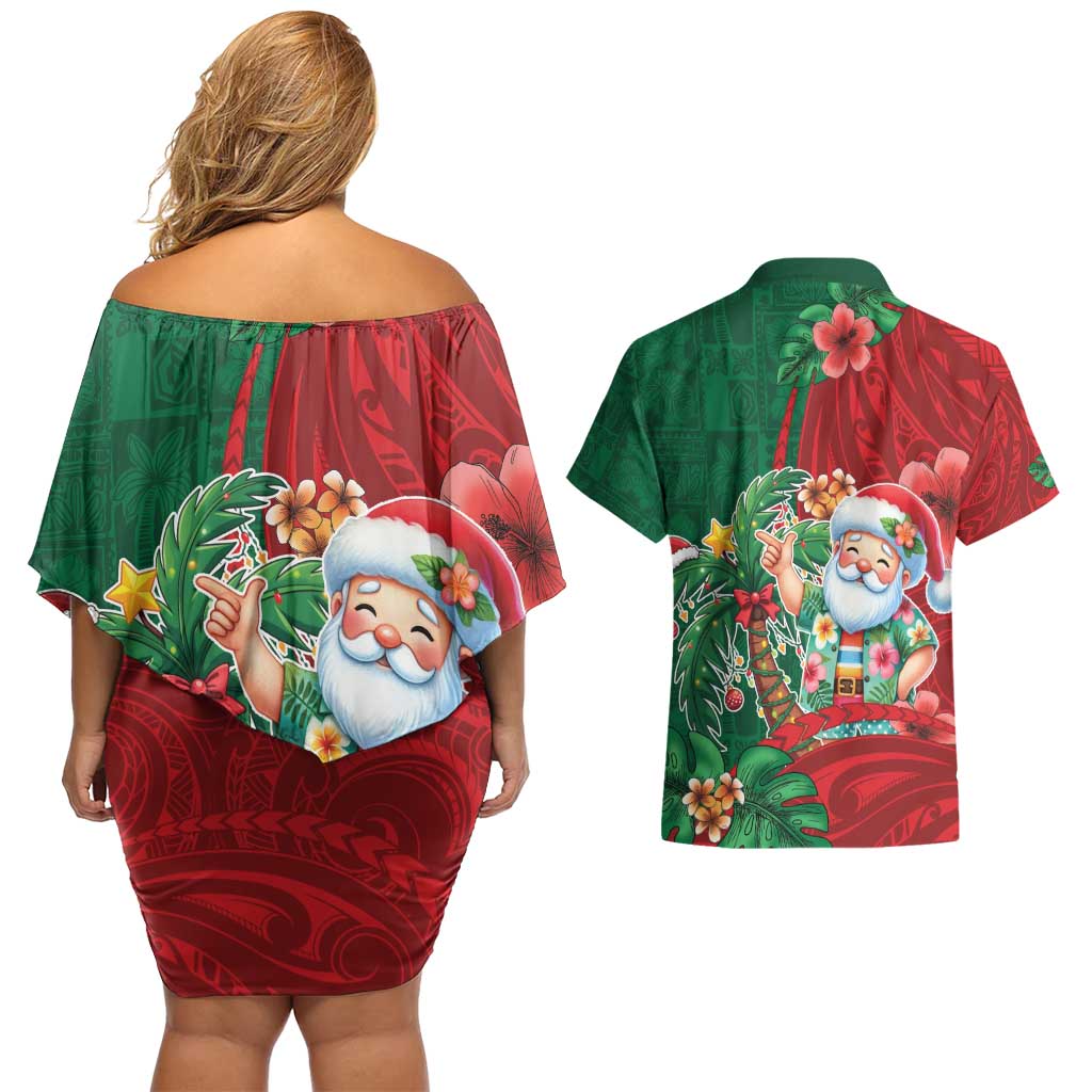 Hawaii Christmas Couples Matching Off Shoulder Short Dress and Hawaiian Shirt Mele Kalikimaka Funny Hawaiian Santa DT05 - Polynesian Pride