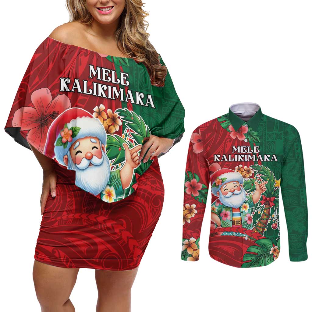 Hawaii Christmas Couples Matching Off Shoulder Short Dress and Long Sleeve Button Shirt Mele Kalikimaka Funny Hawaiian Santa DT05 Green - Polynesian Pride