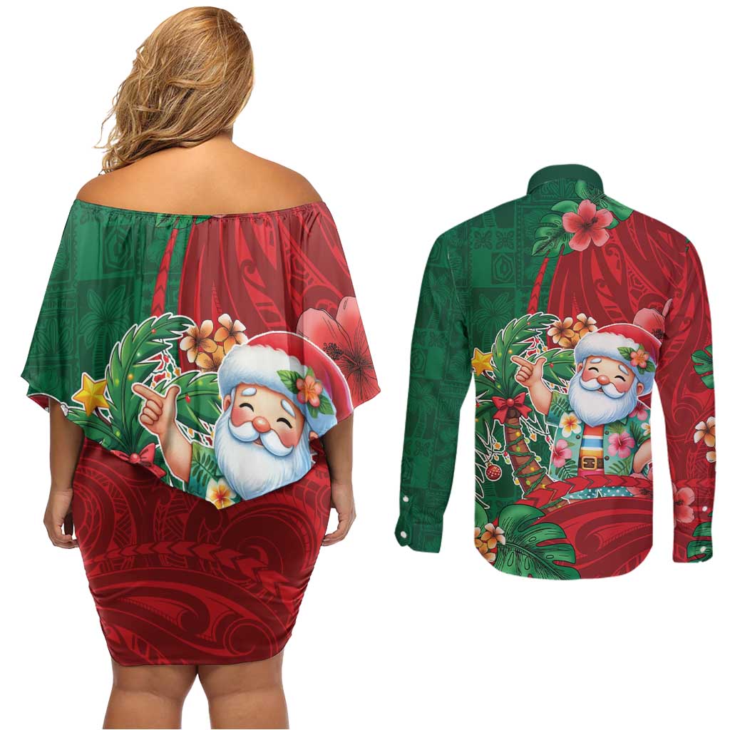 Hawaii Christmas Couples Matching Off Shoulder Short Dress and Long Sleeve Button Shirt Mele Kalikimaka Funny Hawaiian Santa DT05 - Polynesian Pride