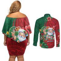Hawaii Christmas Couples Matching Off Shoulder Short Dress and Long Sleeve Button Shirt Mele Kalikimaka Funny Hawaiian Santa DT05 - Polynesian Pride