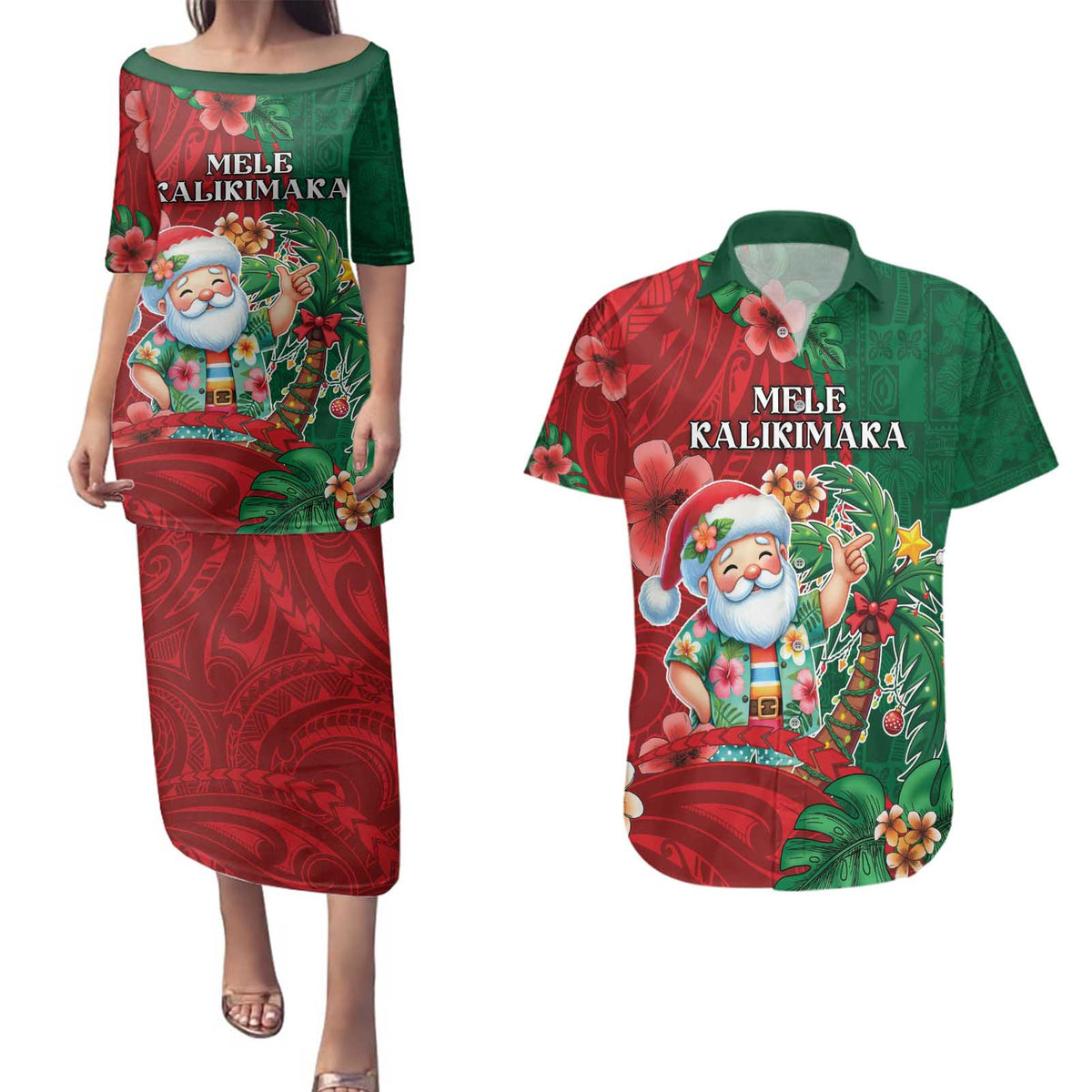 Hawaii Christmas Couples Matching Puletasi and Hawaiian Shirt Mele Kalikimaka Funny Hawaiian Santa DT05 Green - Polynesian Pride