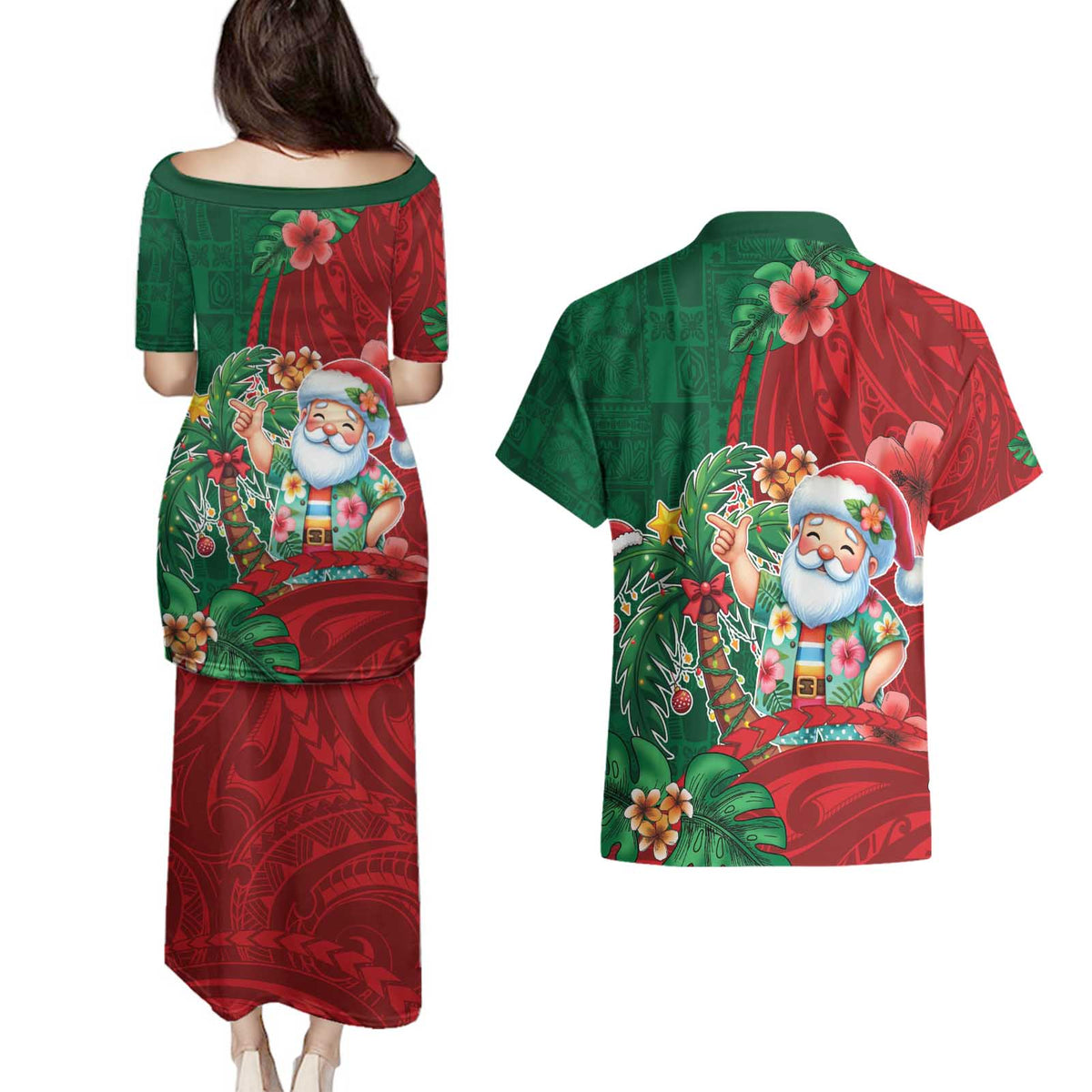 Hawaii Christmas Couples Matching Puletasi and Hawaiian Shirt Mele Kalikimaka Funny Hawaiian Santa DT05 - Polynesian Pride