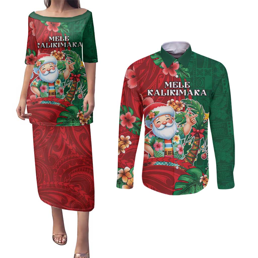 Hawaii Christmas Couples Matching Puletasi and Long Sleeve Button Shirt Mele Kalikimaka Funny Hawaiian Santa DT05 Green - Polynesian Pride