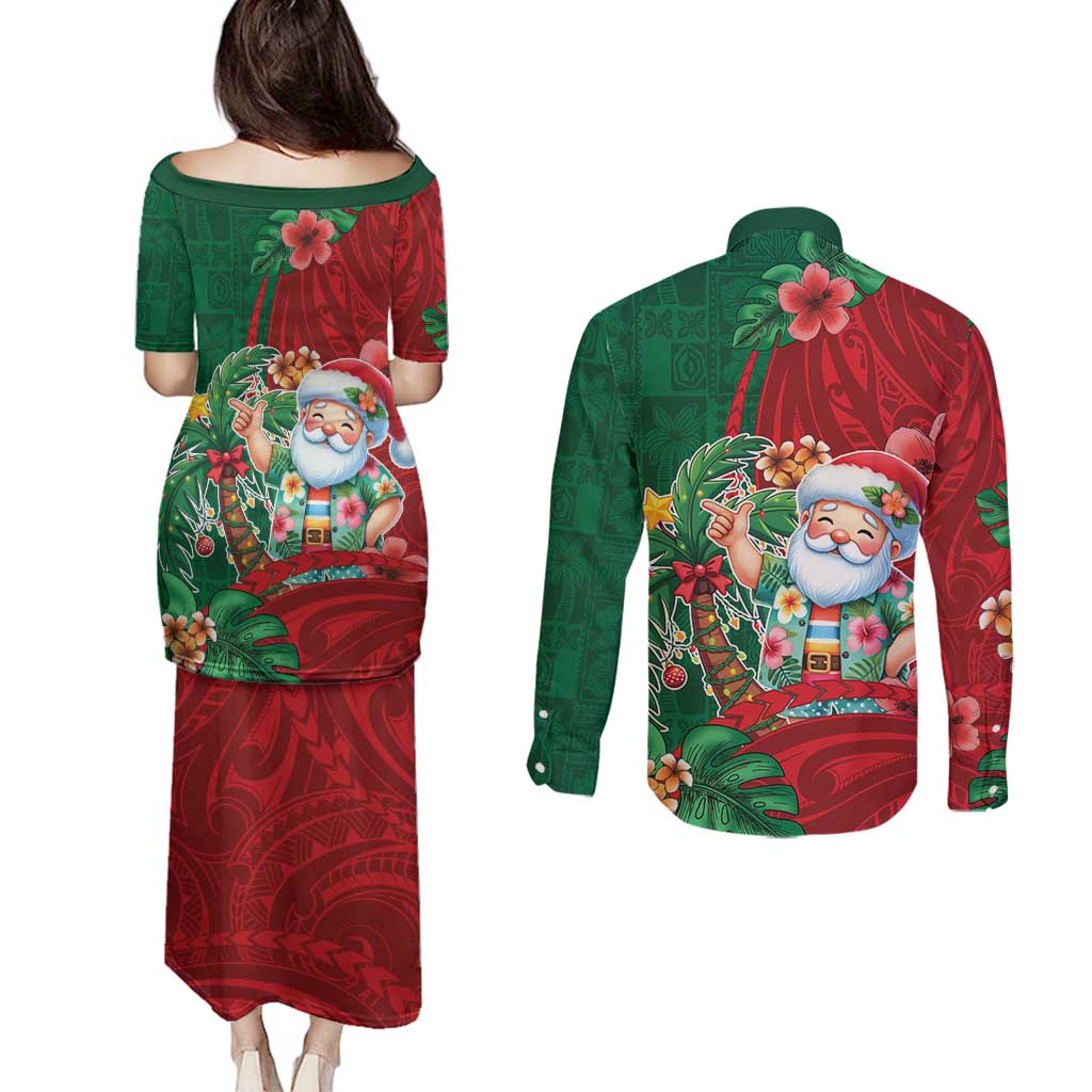 Hawaii Christmas Couples Matching Puletasi and Long Sleeve Button Shirt Mele Kalikimaka Funny Hawaiian Santa DT05 - Polynesian Pride