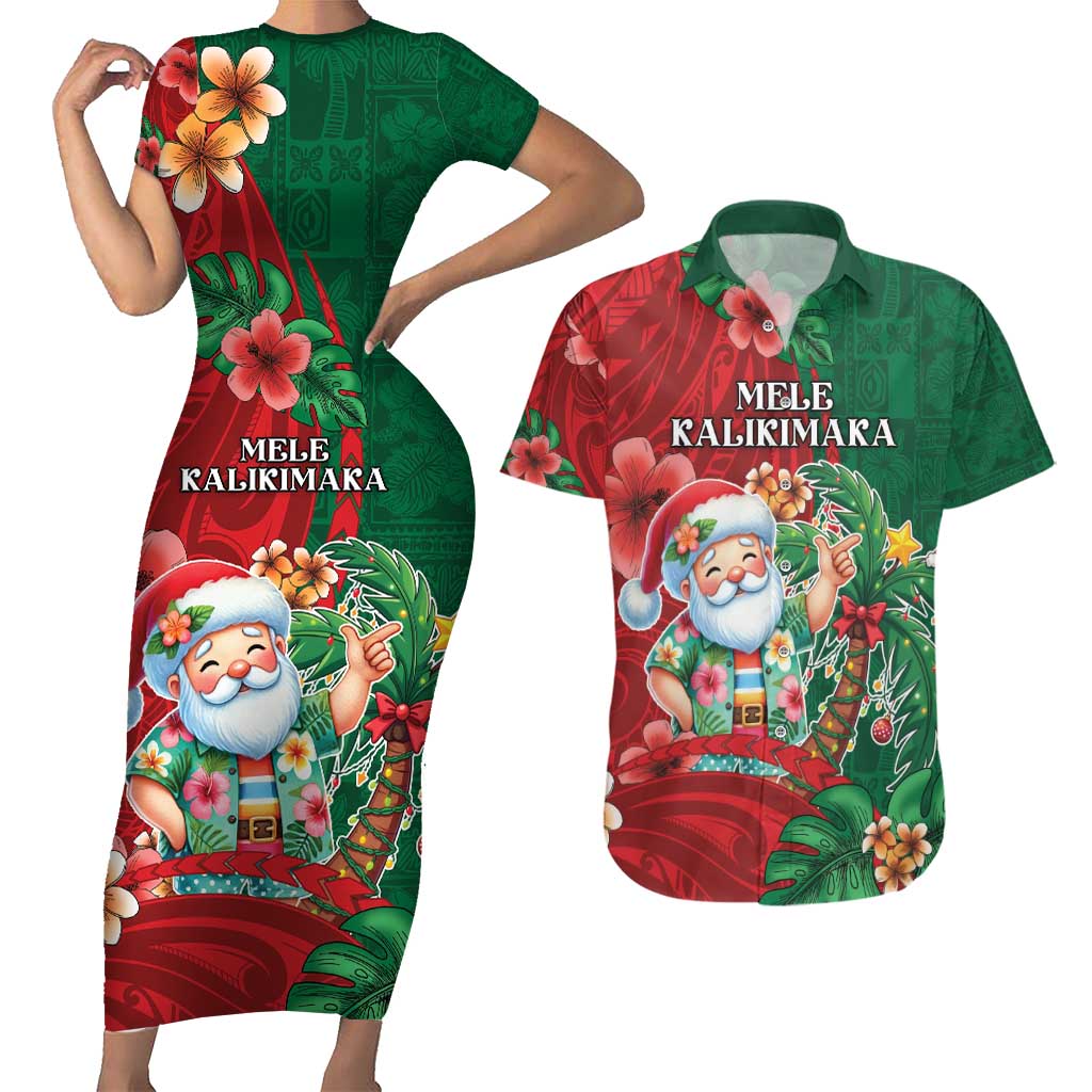 Hawaii Christmas Couples Matching Short Sleeve Bodycon Dress and Hawaiian Shirt Mele Kalikimaka Funny Hawaiian Santa DT05 Green - Polynesian Pride