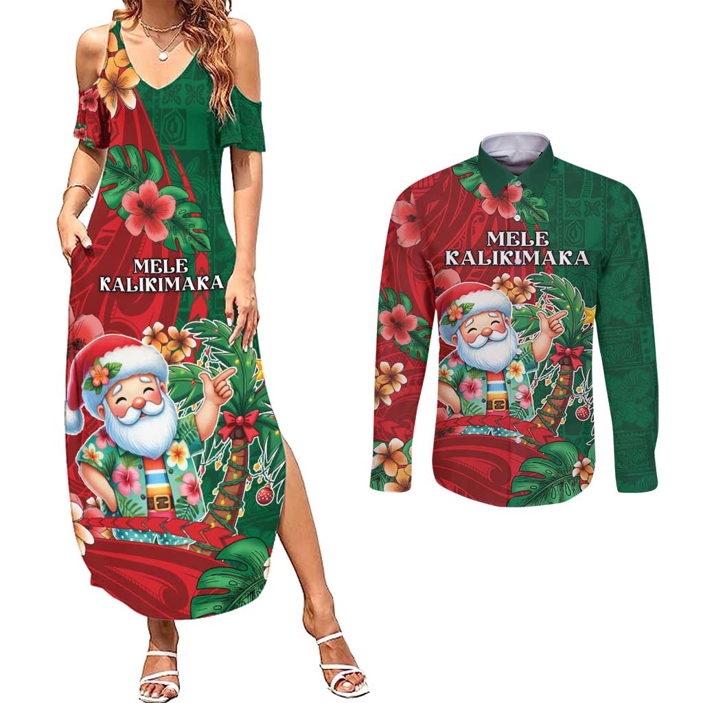 Hawaii Christmas Couples Matching Summer Maxi Dress and Long Sleeve Button Shirt Mele Kalikimaka Funny Hawaiian Santa DT05 Green - Polynesian Pride