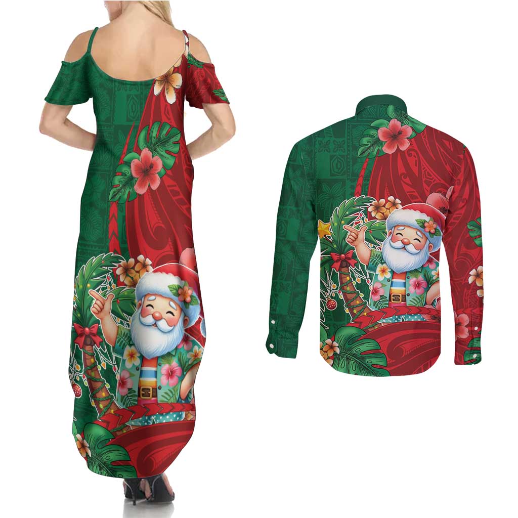 Hawaii Christmas Couples Matching Summer Maxi Dress and Long Sleeve Button Shirt Mele Kalikimaka Funny Hawaiian Santa DT05 - Polynesian Pride