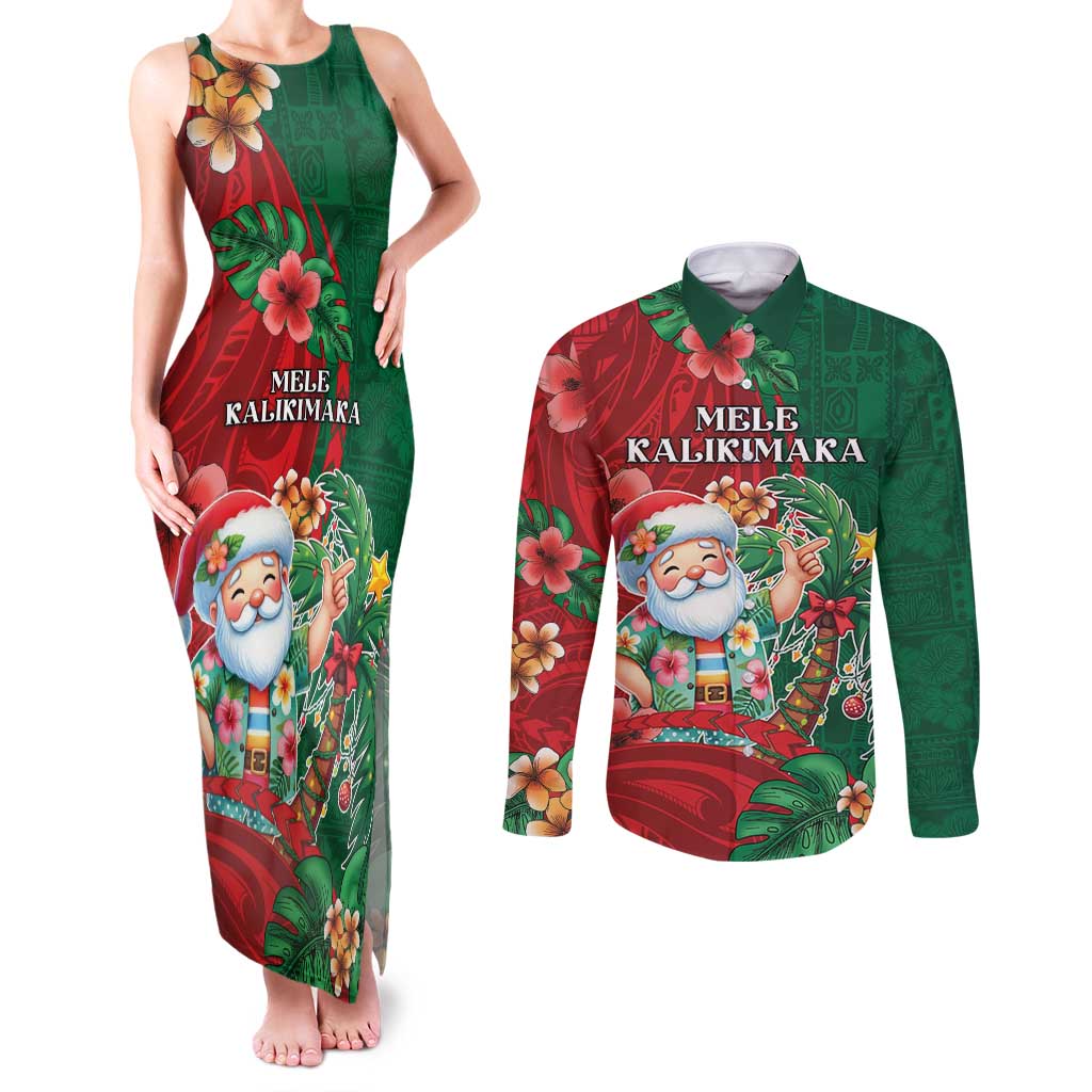 Hawaii Christmas Couples Matching Tank Maxi Dress and Long Sleeve Button Shirt Mele Kalikimaka Funny Hawaiian Santa DT05 Green - Polynesian Pride