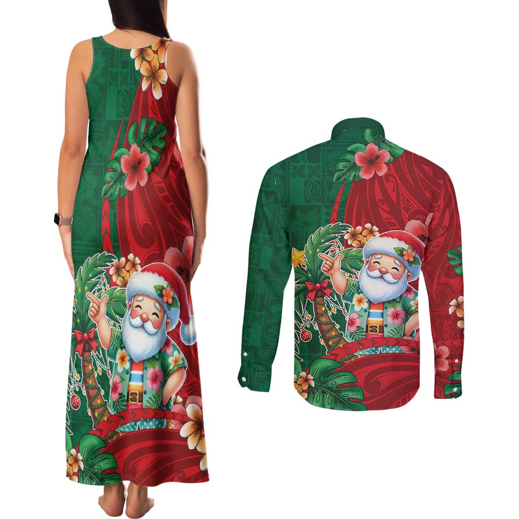 Hawaii Christmas Couples Matching Tank Maxi Dress and Long Sleeve Button Shirt Mele Kalikimaka Funny Hawaiian Santa DT05 - Polynesian Pride