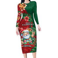 Hawaii Christmas Family Matching Long Sleeve Bodycon Dress and Hawaiian Shirt Mele Kalikimaka Funny Hawaiian Santa DT05 Mom's Dress Green - Polynesian Pride