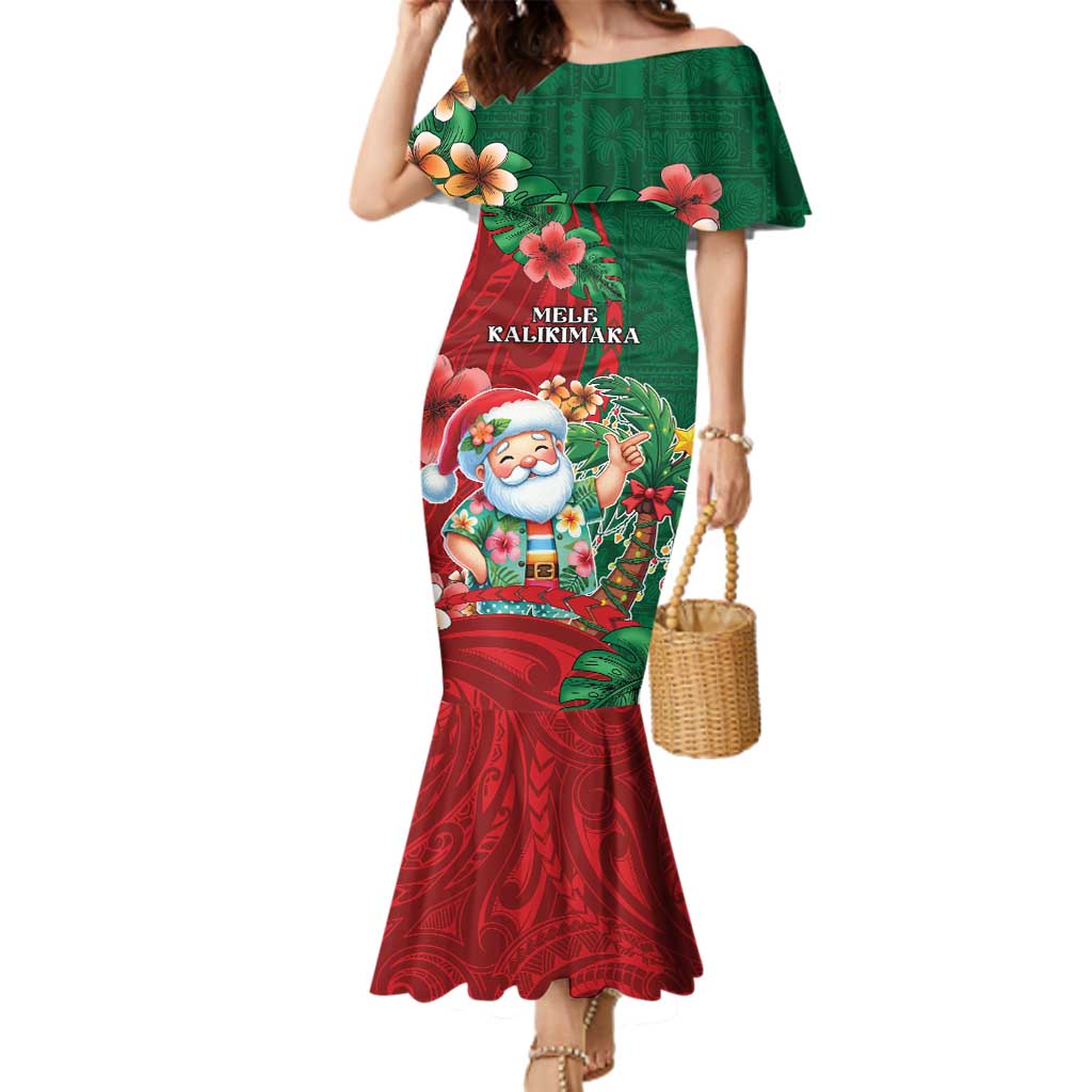 Hawaii Christmas Family Matching Mermaid Dress and Hawaiian Shirt Mele Kalikimaka Funny Hawaiian Santa DT05 Mom's Dress Green - Polynesian Pride