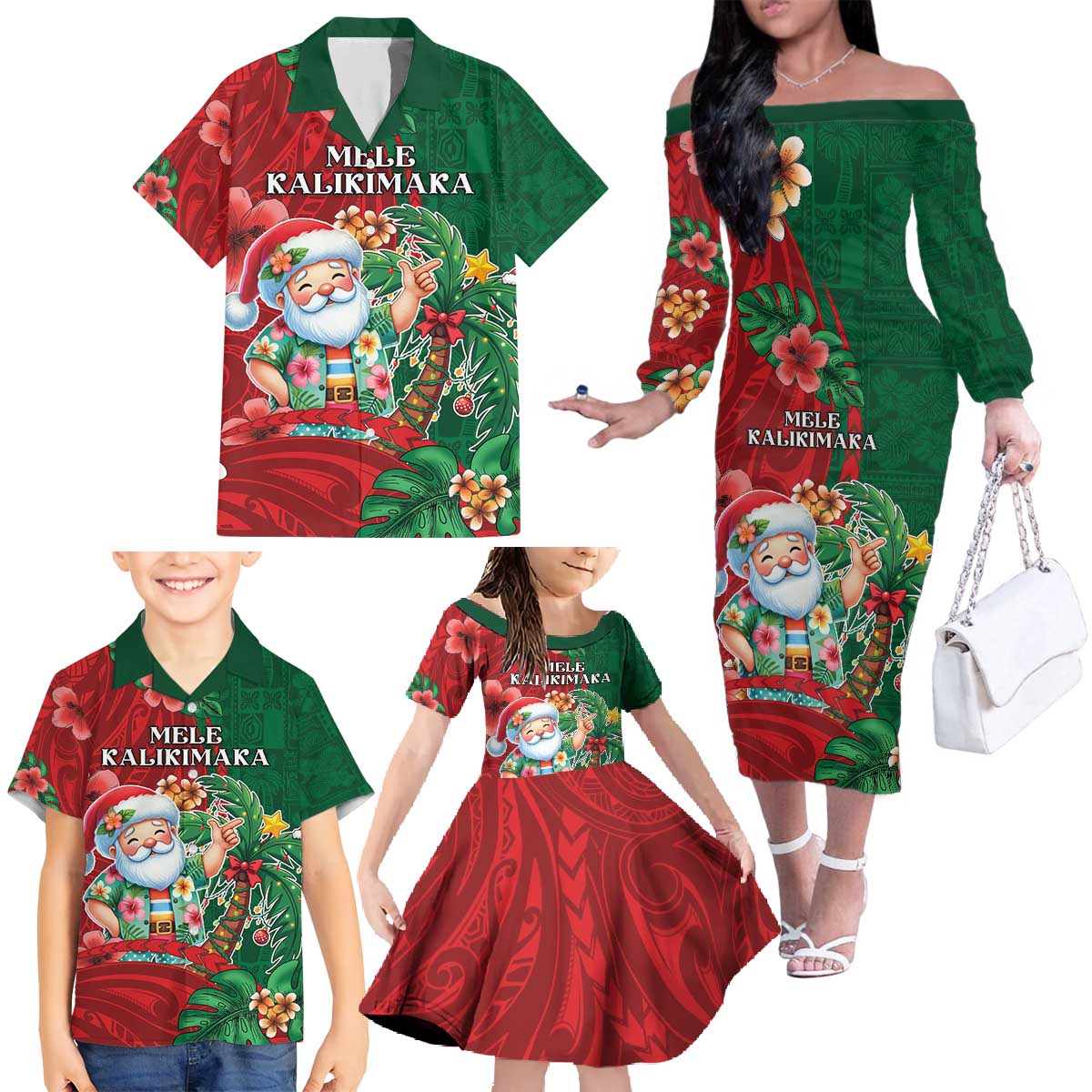 Hawaii Christmas Family Matching Off The Shoulder Long Sleeve Dress and Hawaiian Shirt Mele Kalikimaka Funny Hawaiian Santa DT05 - Polynesian Pride