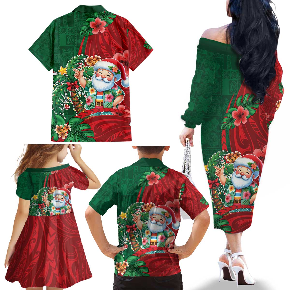 Hawaii Christmas Family Matching Off The Shoulder Long Sleeve Dress and Hawaiian Shirt Mele Kalikimaka Funny Hawaiian Santa DT05 - Polynesian Pride