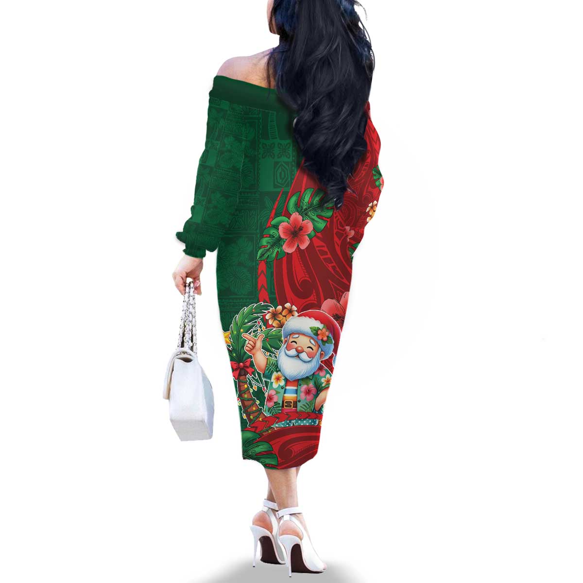 Hawaii Christmas Family Matching Off The Shoulder Long Sleeve Dress and Hawaiian Shirt Mele Kalikimaka Funny Hawaiian Santa DT05 - Polynesian Pride