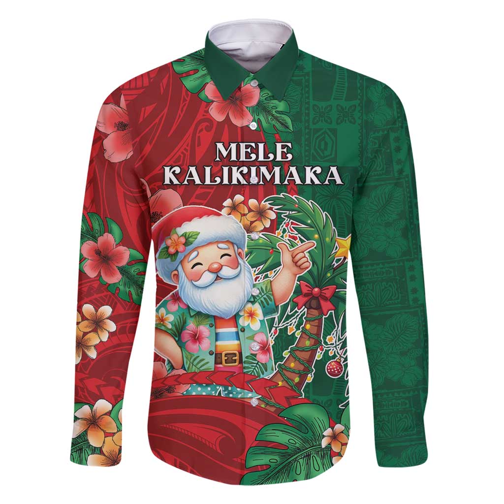 Hawaii Christmas Family Matching Off Shoulder Maxi Dress and Hawaiian Shirt Mele Kalikimaka Funny Hawaiian Santa DT05 Dad's Shirt - Long Sleeve Green - Polynesian Pride