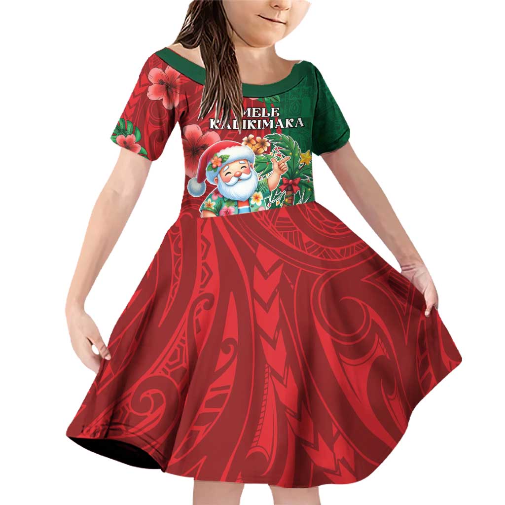Hawaii Christmas Family Matching Off Shoulder Short Dress and Hawaiian Shirt Mele Kalikimaka Funny Hawaiian Santa DT05 Daughter's Dress Green - Polynesian Pride
