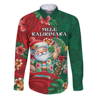 Hawaii Christmas Family Matching Off Shoulder Short Dress and Hawaiian Shirt Mele Kalikimaka Funny Hawaiian Santa DT05 Dad's Shirt - Long Sleeve Green - Polynesian Pride