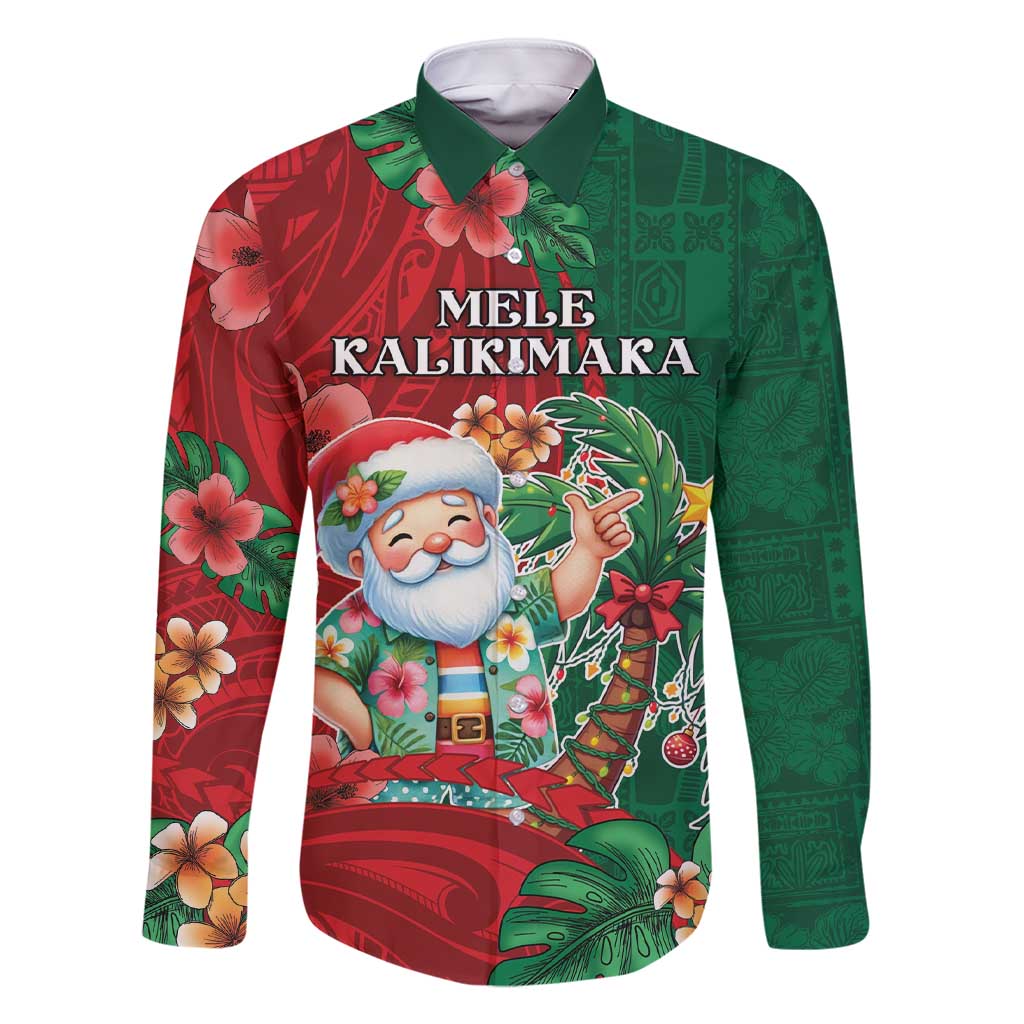 Hawaii Christmas Family Matching Short Sleeve Bodycon Dress and Hawaiian Shirt Mele Kalikimaka Funny Hawaiian Santa DT05 Dad's Shirt - Long Sleeve Green - Polynesian Pride