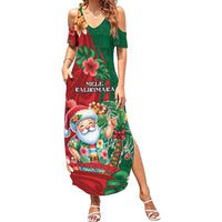 Hawaii Christmas Family Matching Summer Maxi Dress and Hawaiian Shirt Mele Kalikimaka Funny Hawaiian Santa DT05 Mom's Dress Green - Polynesian Pride
