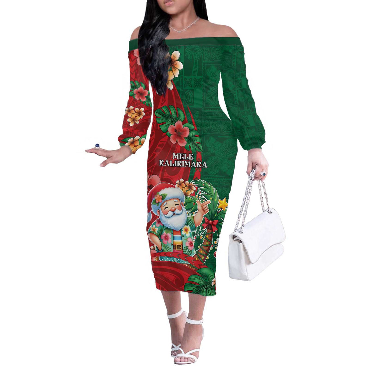 Hawaii Christmas Off The Shoulder Long Sleeve Dress Mele Kalikimaka Funny Hawaiian Santa DT05 Women Green - Polynesian Pride