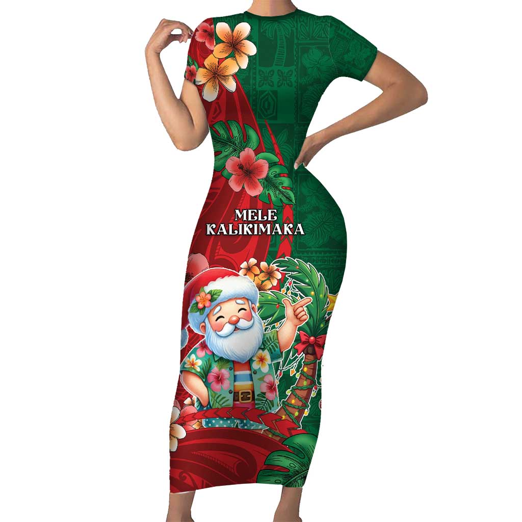 Hawaii Christmas Short Sleeve Bodycon Dress Mele Kalikimaka Funny Hawaiian Santa DT05 Long Dress Green - Polynesian Pride