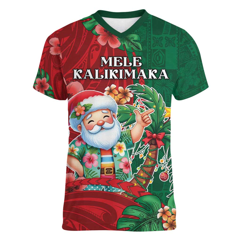 Hawaii Christmas Women V-Neck T-Shirt Mele Kalikimaka Funny Hawaiian Santa DT05 Female Green - Polynesian Pride