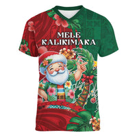 Hawaii Christmas Women V-Neck T-Shirt Mele Kalikimaka Funny Hawaiian Santa DT05 Female Green - Polynesian Pride