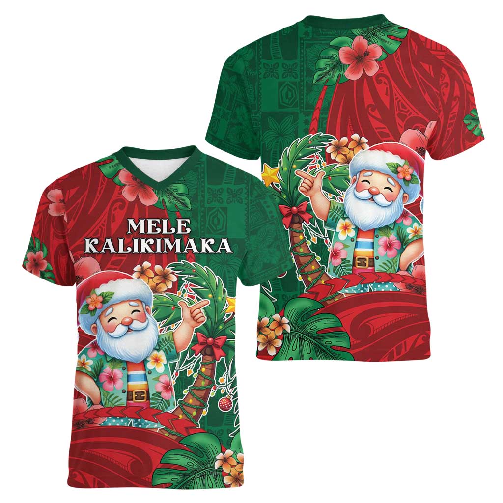 Hawaii Christmas Women V-Neck T-Shirt Mele Kalikimaka Funny Hawaiian Santa DT05 - Polynesian Pride