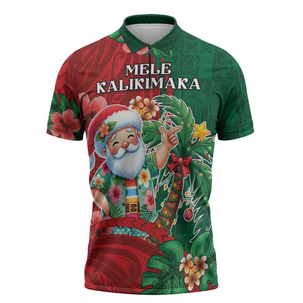 Hawaii Christmas Zipper Polo Shirt Mele Kalikimaka Funny Hawaiian Santa DT05 Green - Polynesian Pride