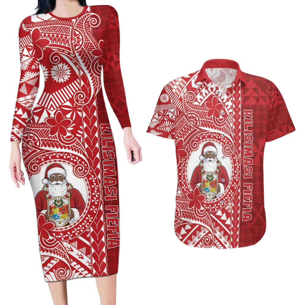 Tonga Christmas Couples Matching Long Sleeve Bodycon Dress and Hawaiian Shirt Kilisimasi Fiefia DT05 Red - Polynesian Pride