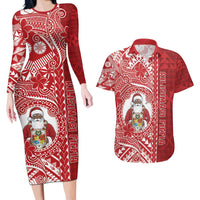 Tonga Christmas Couples Matching Long Sleeve Bodycon Dress and Hawaiian Shirt Kilisimasi Fiefia DT05 Red - Polynesian Pride