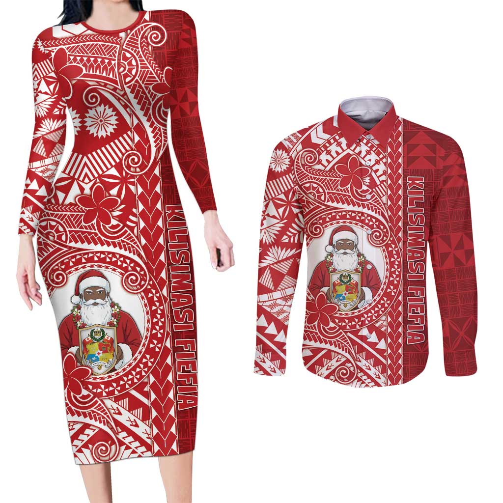Tonga Christmas Couples Matching Long Sleeve Bodycon Dress and Long Sleeve Button Shirt Kilisimasi Fiefia DT05 Red - Polynesian Pride