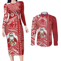 Tonga Christmas Couples Matching Long Sleeve Bodycon Dress and Long Sleeve Button Shirt Kilisimasi Fiefia DT05 Red - Polynesian Pride