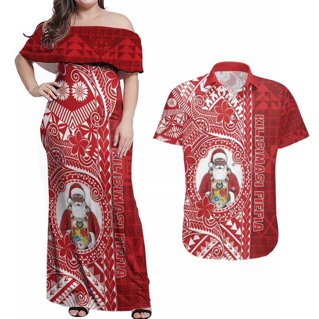 Tonga Christmas Couples Matching Off Shoulder Maxi Dress and Hawaiian Shirt Kilisimasi Fiefia DT05 Red - Polynesian Pride
