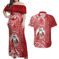 Tonga Christmas Couples Matching Off Shoulder Maxi Dress and Hawaiian Shirt Kilisimasi Fiefia DT05 Red - Polynesian Pride