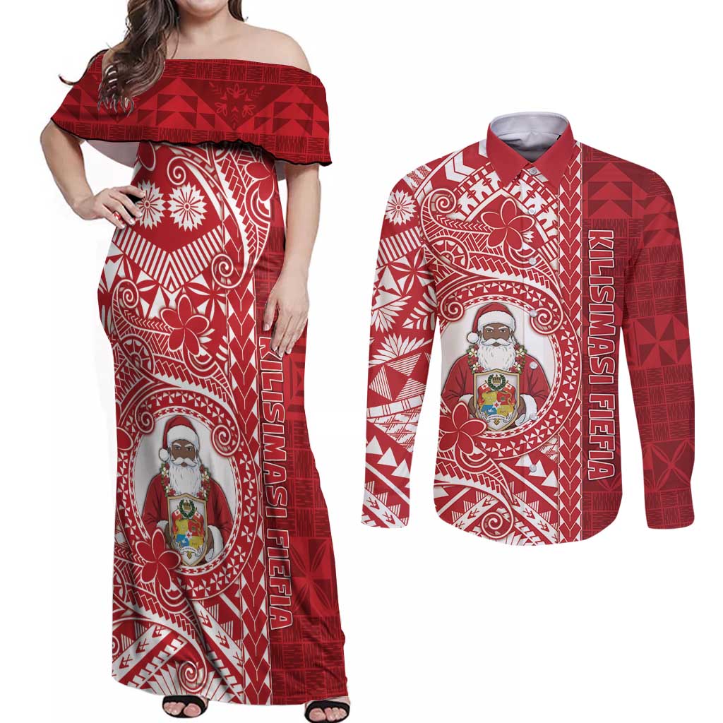 Tonga Christmas Couples Matching Off Shoulder Maxi Dress and Long Sleeve Button Shirt Kilisimasi Fiefia DT05 Red - Polynesian Pride
