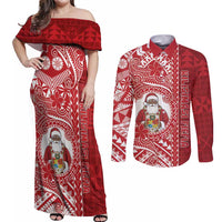 Tonga Christmas Couples Matching Off Shoulder Maxi Dress and Long Sleeve Button Shirt Kilisimasi Fiefia DT05 Red - Polynesian Pride