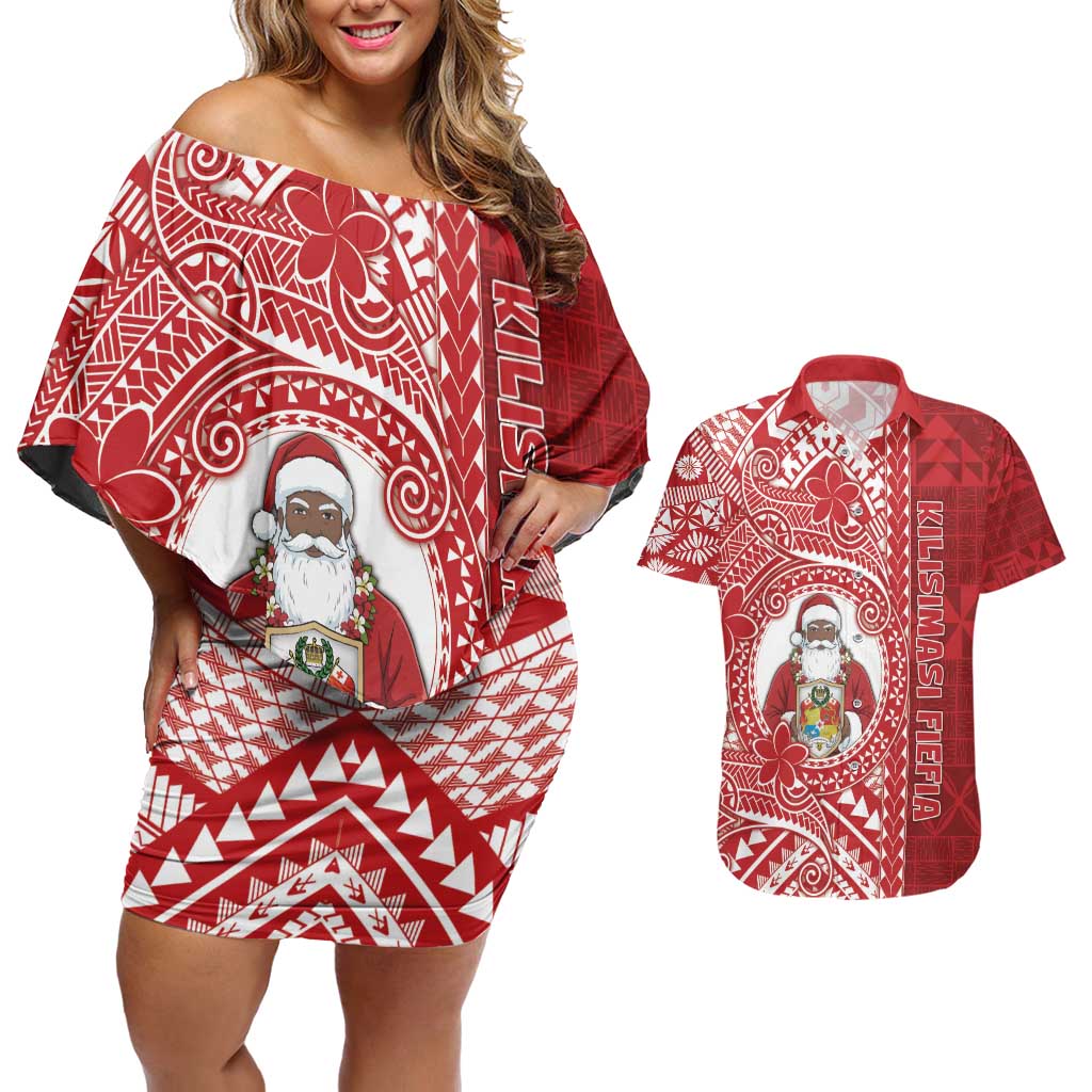 Tonga Christmas Couples Matching Off Shoulder Short Dress and Hawaiian Shirt Kilisimasi Fiefia DT05 Red - Polynesian Pride