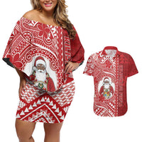 Tonga Christmas Couples Matching Off Shoulder Short Dress and Hawaiian Shirt Kilisimasi Fiefia DT05 Red - Polynesian Pride