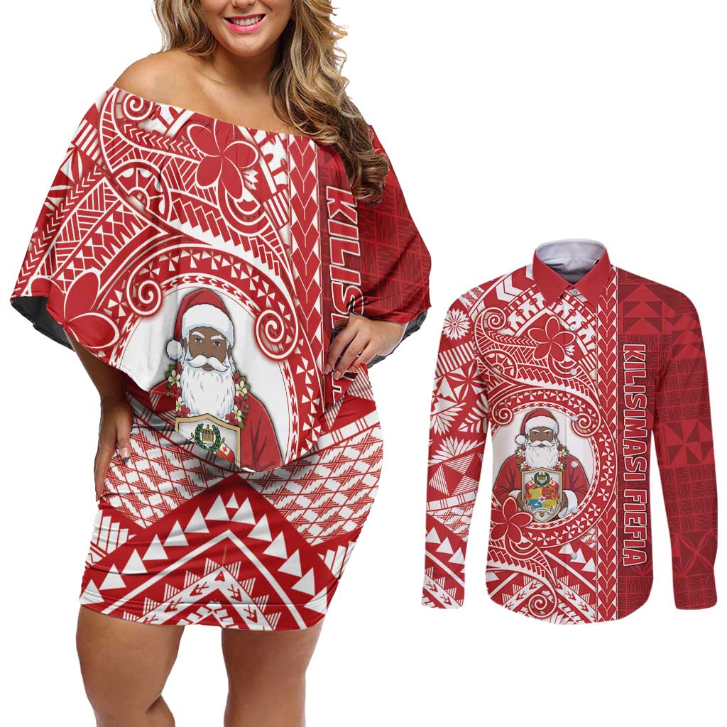 Tonga Christmas Couples Matching Off Shoulder Short Dress and Long Sleeve Button Shirt Kilisimasi Fiefia DT05 Red - Polynesian Pride