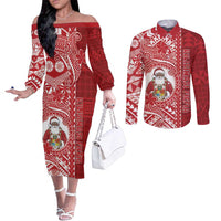 Tonga Christmas Couples Matching Off The Shoulder Long Sleeve Dress and Long Sleeve Button Shirt Kilisimasi Fiefia DT05 Red - Polynesian Pride