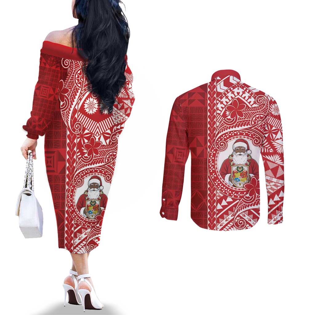 Tonga Christmas Couples Matching Off The Shoulder Long Sleeve Dress and Long Sleeve Button Shirt Kilisimasi Fiefia DT05 - Polynesian Pride