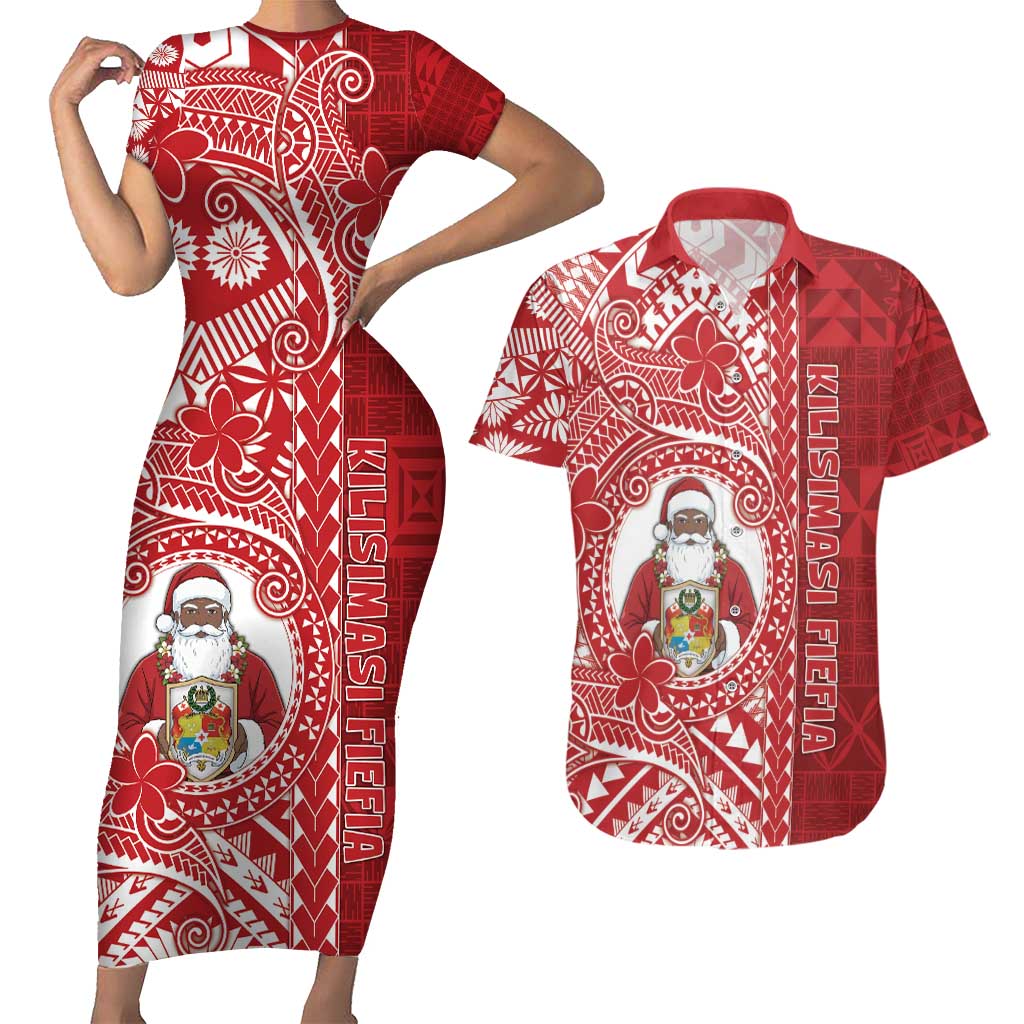 Tonga Christmas Couples Matching Short Sleeve Bodycon Dress and Hawaiian Shirt Kilisimasi Fiefia DT05 Red - Polynesian Pride